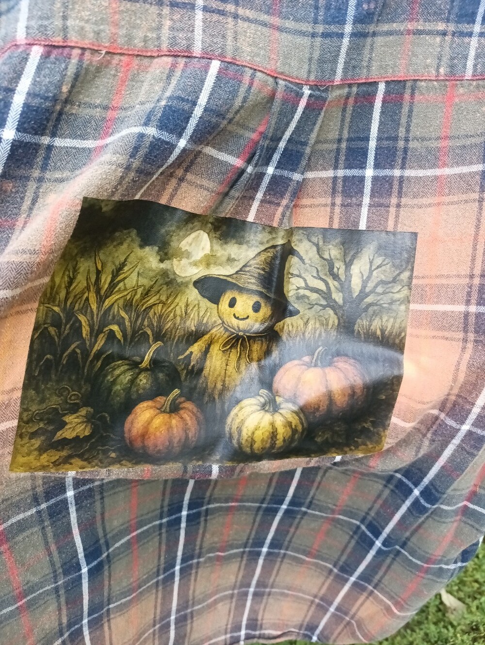 Upcycled Flannel Fall Halloween Ghost Old Truck Primitive Bleached Curated Large